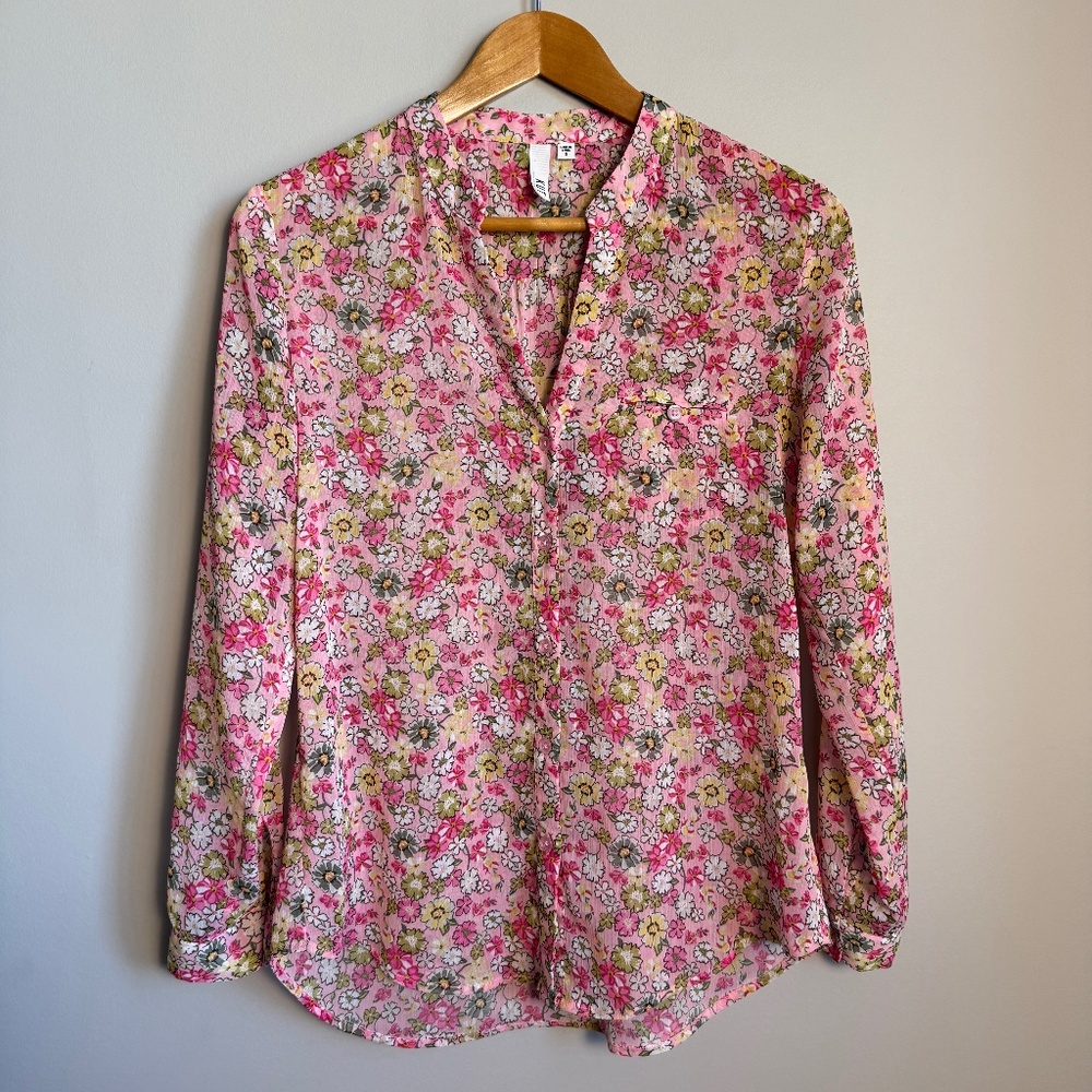 Kut From the Kloth Floral Blouse Womens Small Pink Sheer Boho Roll Tab Sleeve